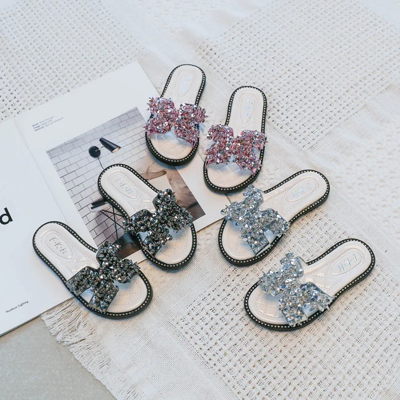 ULKNN Wholesale 2020  Summer Kid's Shoes INS Celebrity Princess Shoes Man-made Diamond Girls Slippers Casual Fashion Sandals