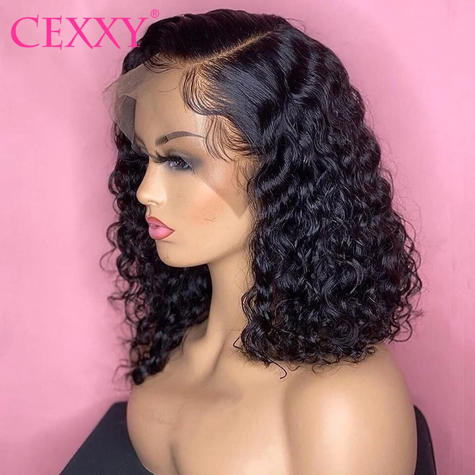 Cexxy Pelo Rizado corto Bob pelo humano del frente del cordón pelucas con minimechones brasileño 4X4 Cierre de encaje peluca para mujeres de la onda profunda peluca 150%