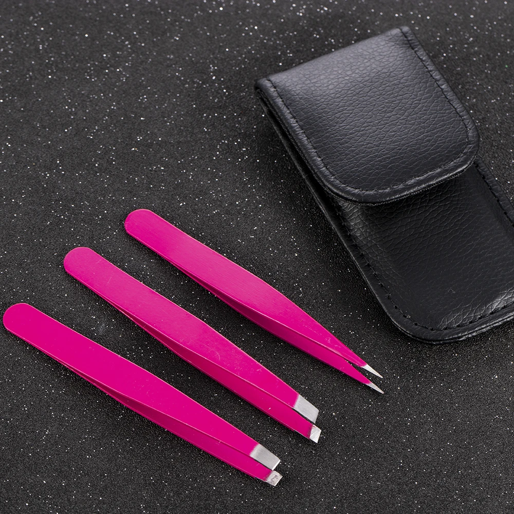 3 PCS/Set Eyebrow Tweezers Stainless Steel Point Tip/Slant Tip/Flat Tip Hair Removal Makeup Tools Accessory with Black Bag Case 5
