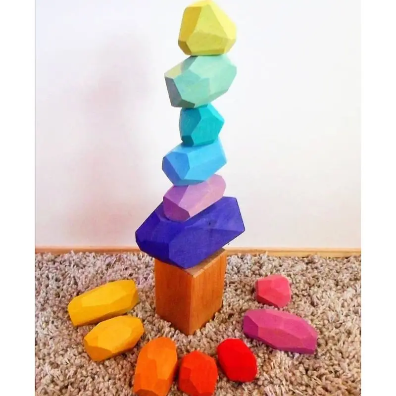 

16 Pcs Children Wooden Colored Stone Stacking Game Building Block Kids Creative Educational Toy