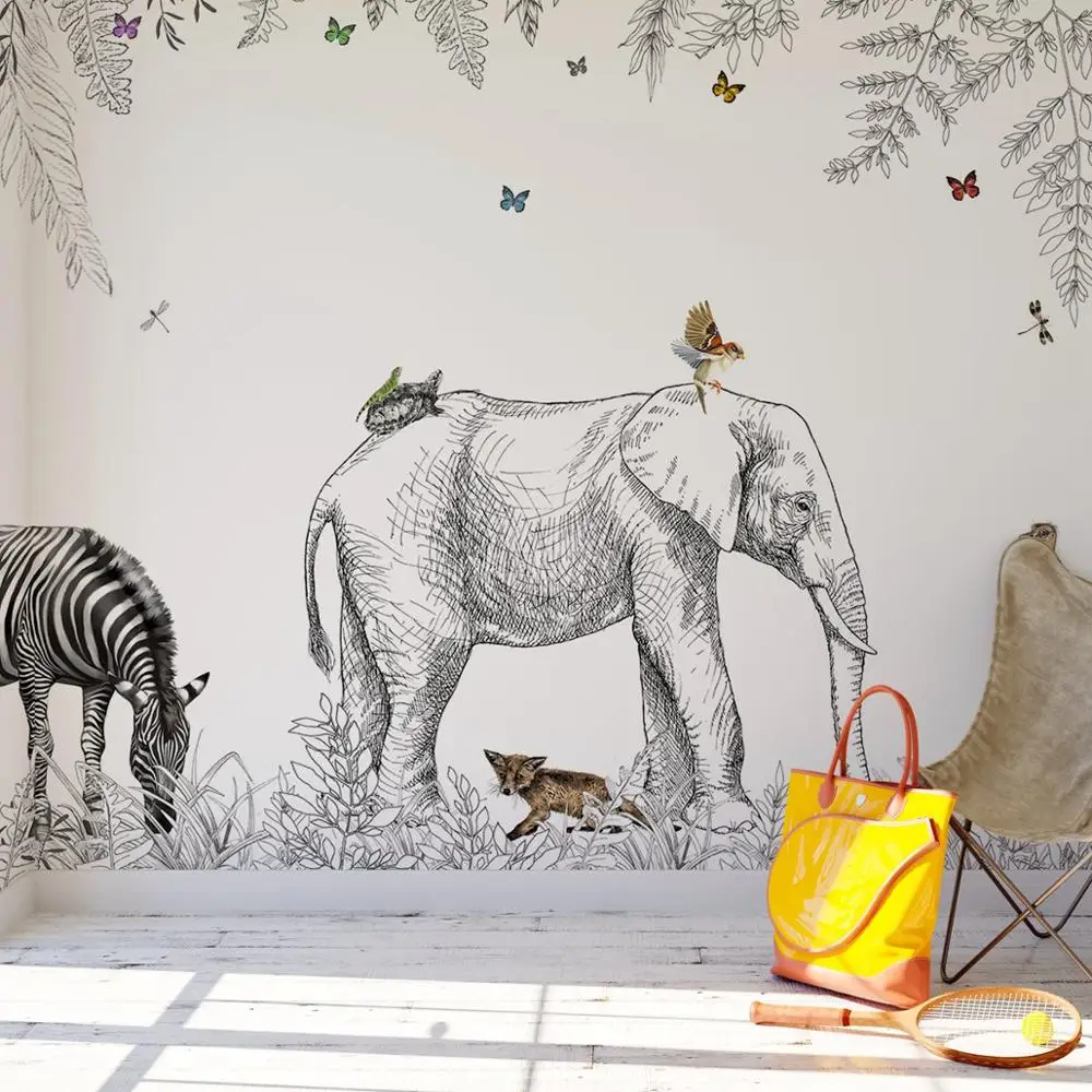 Safari Animals Wallpaper, Papier peint panoramique animaux, Metrozoo Junngle Sketch Animal Forest Wallpaper