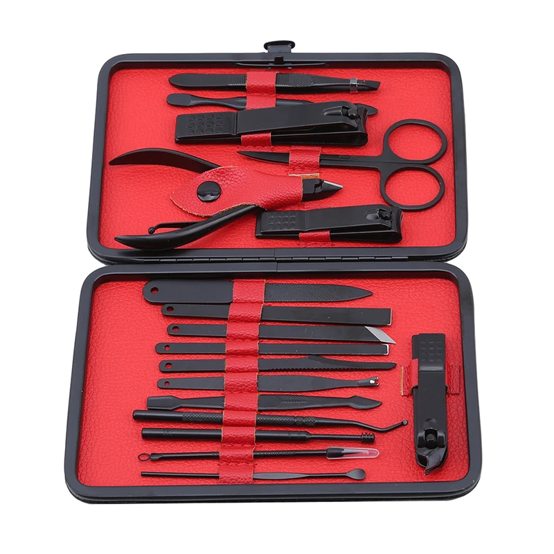  18pcs With Black PU Leather Case Manicure Set Nail Clipper Kit Pedicure Care Tools Black Men Groomi