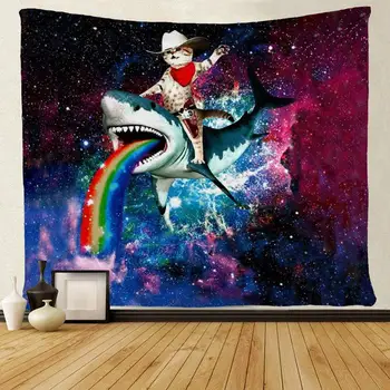 

Funny Animal Cat Ride Shark Rainbow in Galaxy Tapestries
