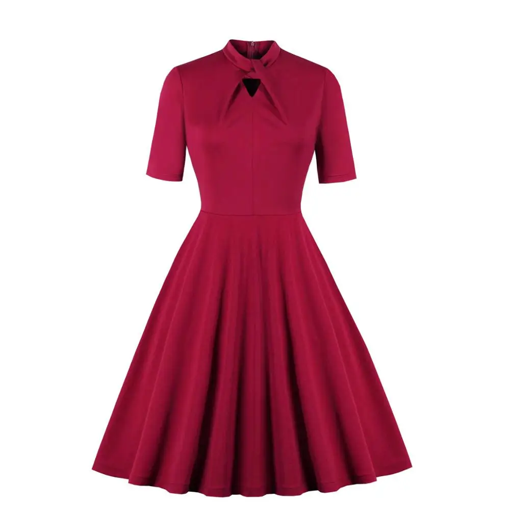 

Mock Neck Cutout Knot Dress Elegant Women 40s Retro Swing Christmas Red Dresses Vintage 1940s Solid Red Dress