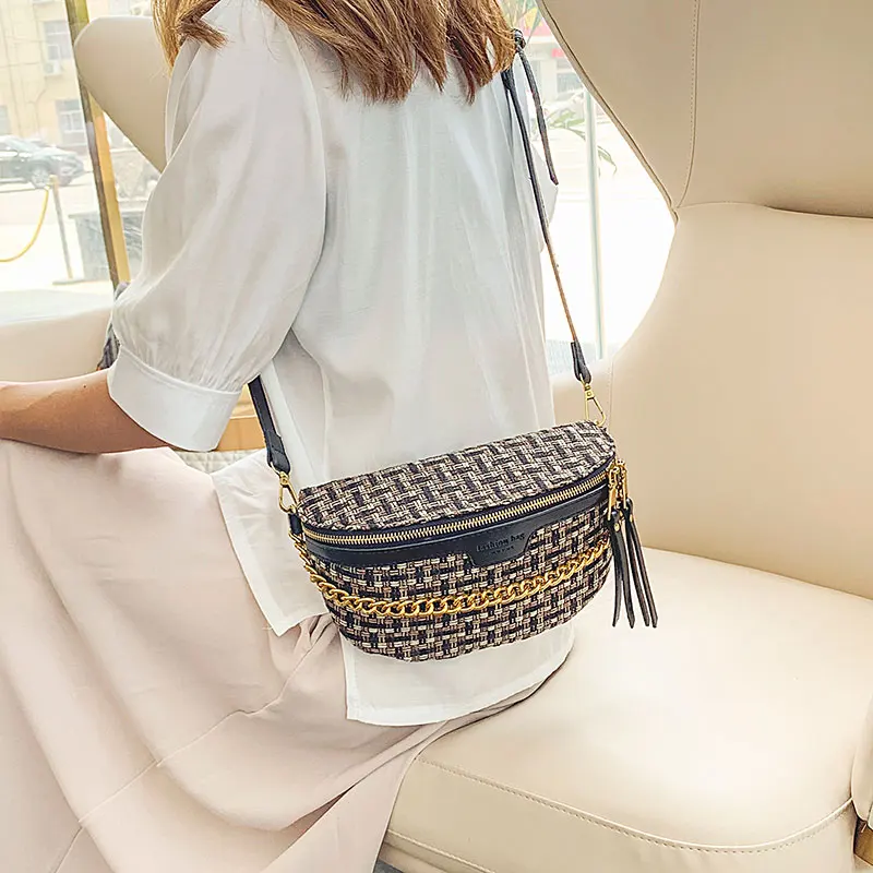 

2019 personality zipper Messenger bag sports chest bag PU+ woolen designer waist bag chain decoration girl free shipping clutch