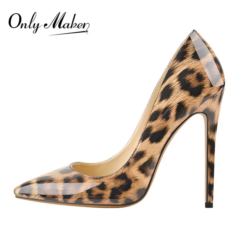 Onlymaker Women's Pointed Toe 8CM 10CM 12CM Thin Heels Leopard Print Sexy Pumps Patent Leather Lady Shoes Big Size US5~US15