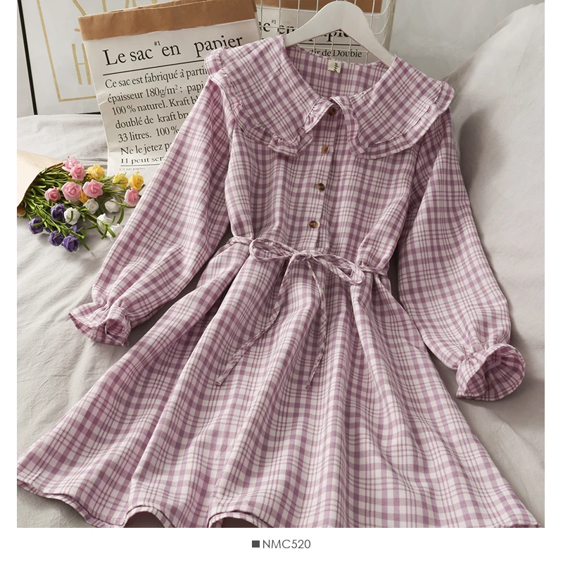 Dresses Women Preppy Style Japan Students Long Sleeve Button Plaid Vintage Retro Sweet Trendy Chic Peter Pan Collar Girls Female homecoming dresses 2021