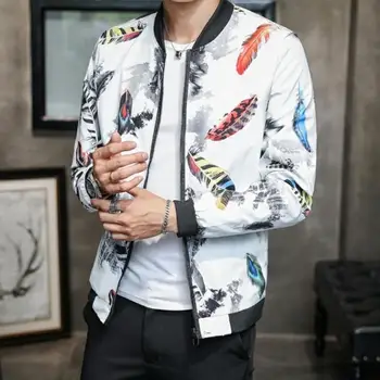 

Leisure Men Sports Jacket Baseball Collar Feather Printed Long Sleeve Fashion Outwear Spring Autumn Casual Coat for Male