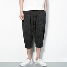 Мужские повседневные льняные и хлопковые шорты-шаровары, мужские летние свободные однотонные черные и серые модные укороченные штаны размера плюс A3198