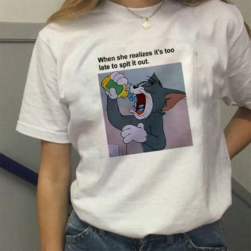 

Cat and Mouse Cartoon Print New Ulzzang Fashion Loose Casual Short Sleeve Female Summer Tops tees Harajuku White T-Shirt