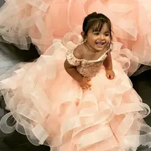 Оранжевое милое бальное платье; нарядные платья для девочек; кружевное платье с оборками, украшенное бусинами и кристаллами; платье с цветочным узором для девочек; детское платье для дня рождения