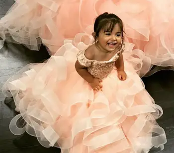 

Orange Sweety Ball Gown Girls Pageant Dresses Ruffles Beaded Crystal Lace Applique Flower Girl Dress Kids Birthday Dress