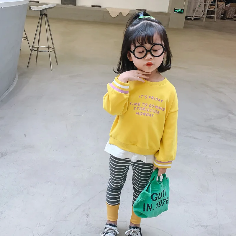 

Girls Korean-style Lettered Mock Two-Piece Hoodie 2020 Spring Children Fashion Long Sleeve Stripes Leggings Versatile Set