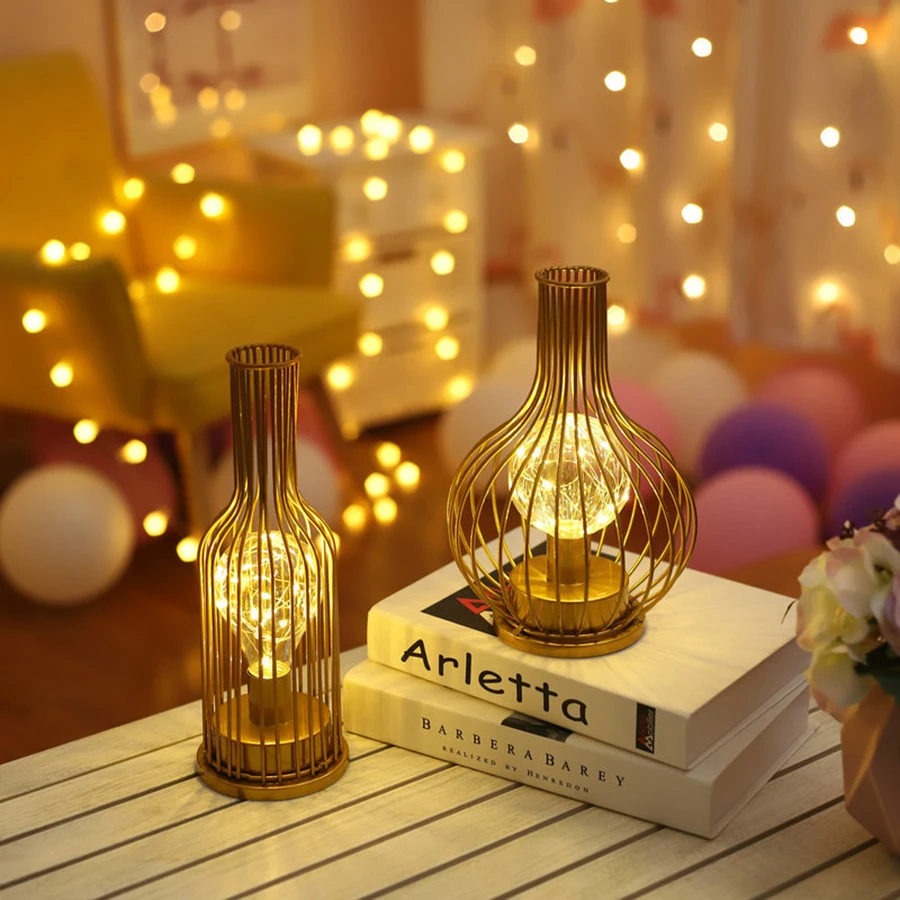 

Retro Iron Winebottle Led Table Lamp Art Minimalist Hollow Copper Wire Night Light Hotel Home Decoration Reading Lamp Desk Lamp