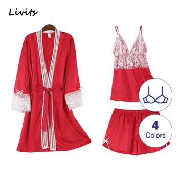 

Women's Pajamas Sets Built-in Bra Premium Satin Silk Pyjamas Sleepwear Nightwear Loungewear V Neck Lace Sexy For Female