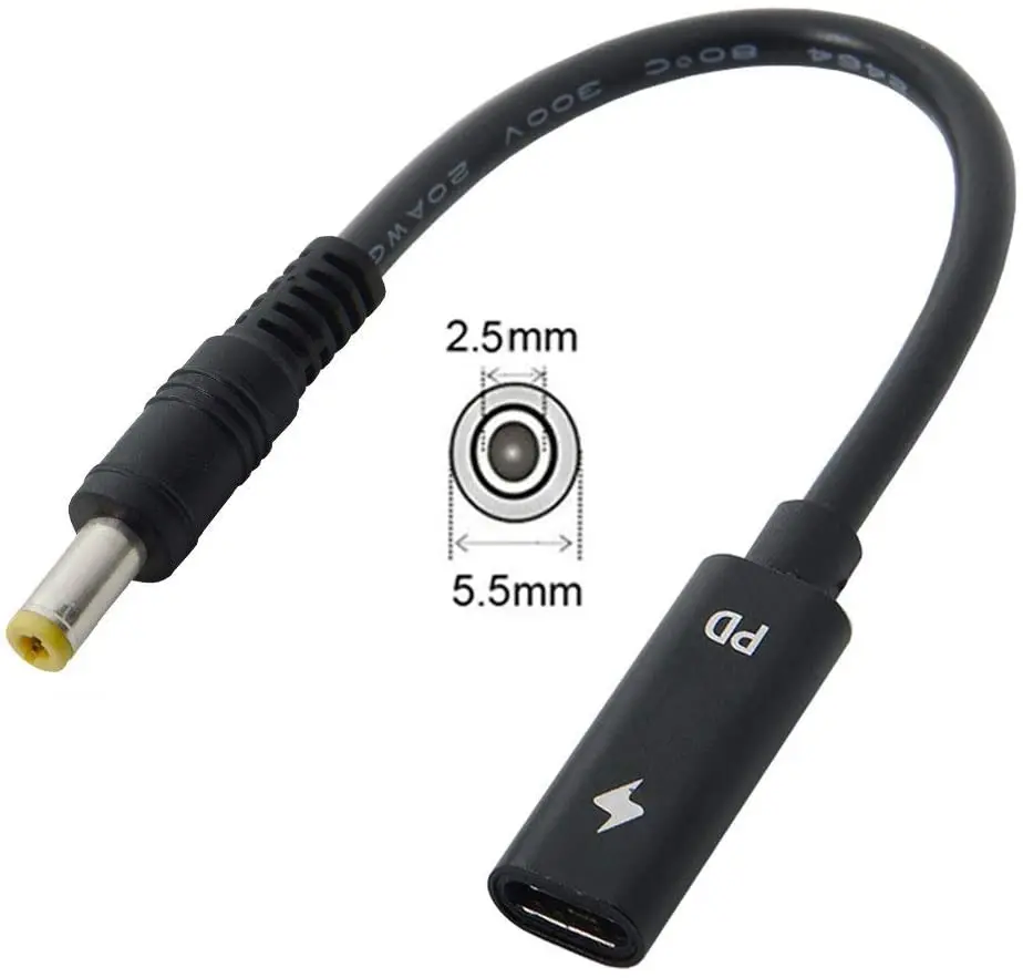 Charging Cable USB Charging Cable Type C USB-C Female Input to DC 5.5*2.5mm male Power PD Charge Cable fit for Laptop 18-20V (5.5x2.5mm)