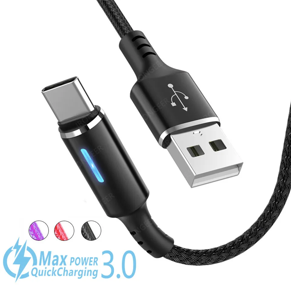 3A Type USB C кабель светодиодные кабели для быстрой зарядки телефонов Samsung Huawei Xiaomi redmi