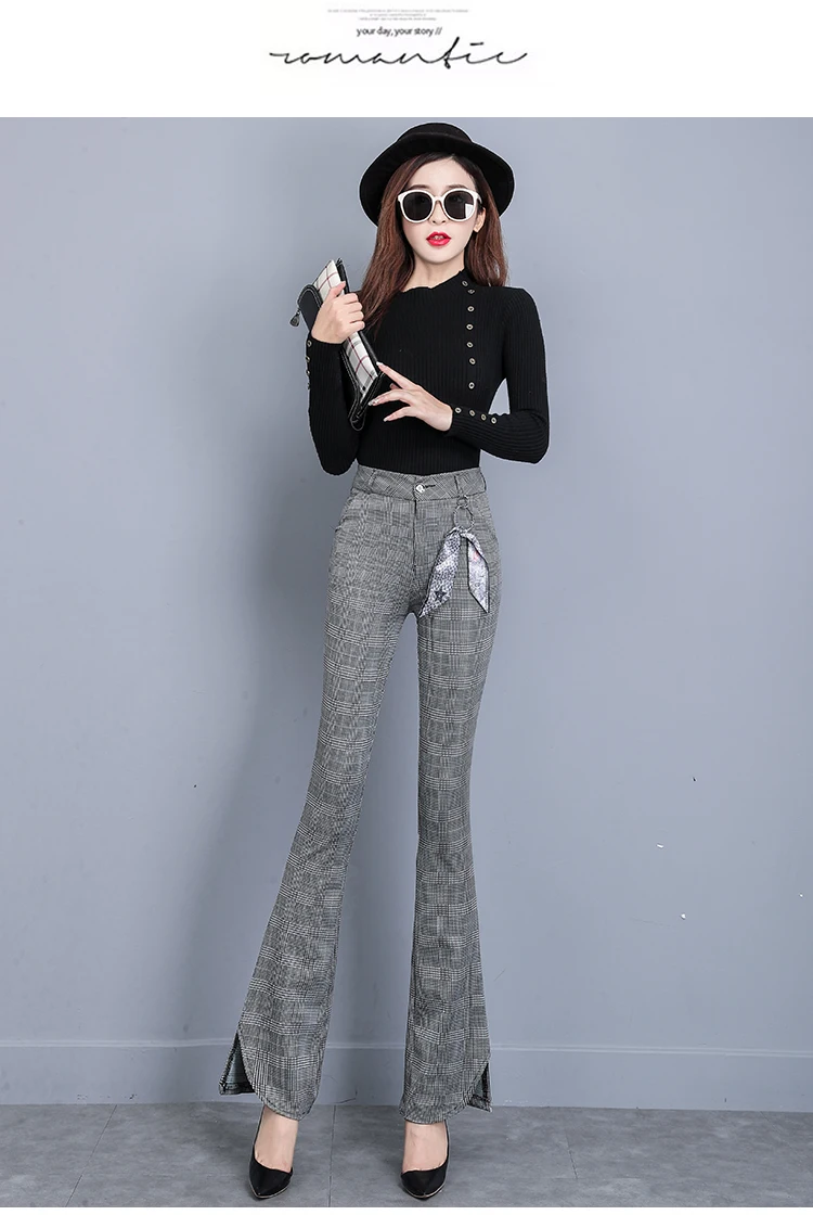 Новый Для женщин Высокая талия мода плед повседневные штаны для стройных разрез нерегулярные Брюки-клеш; удобные офисные Для женщин брюки