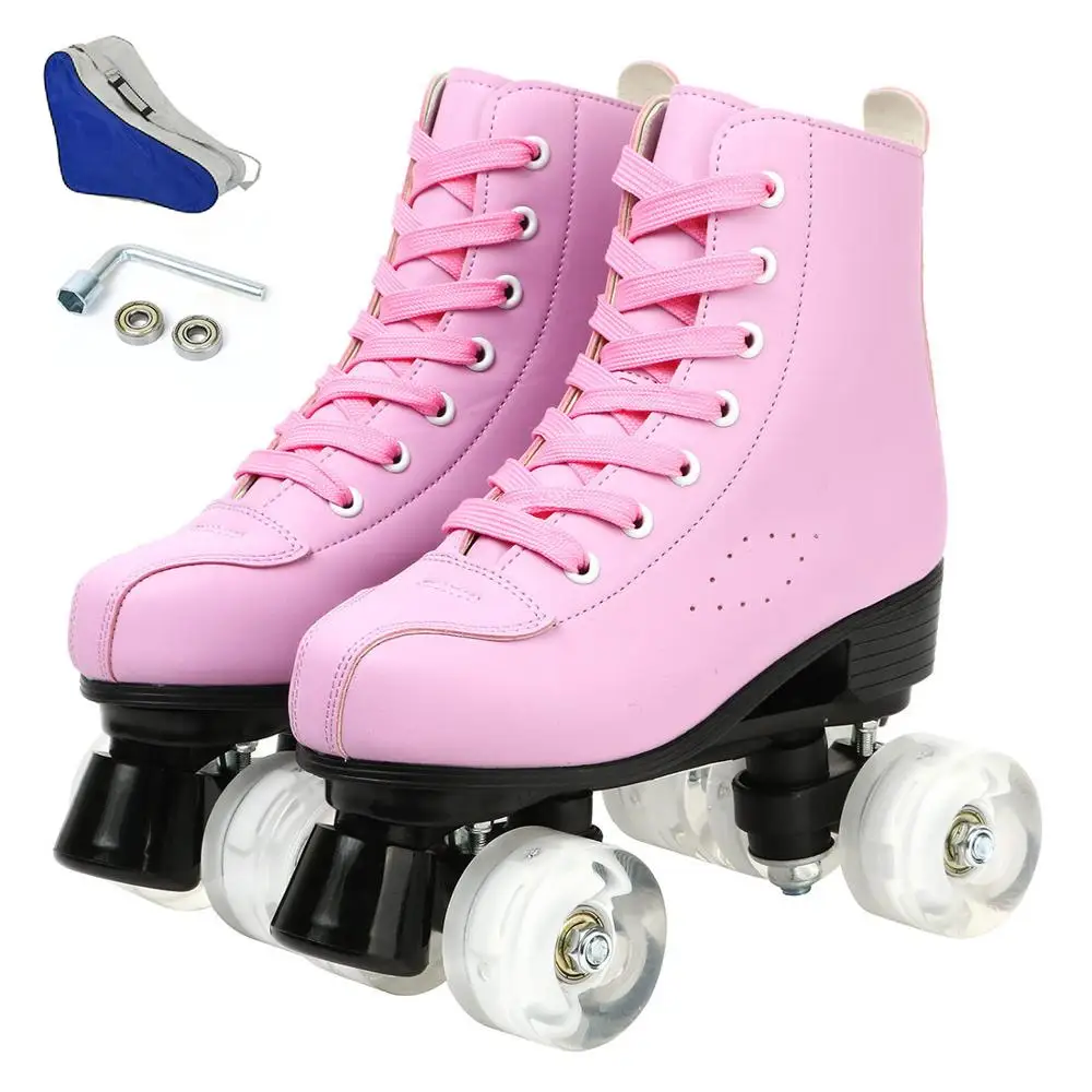 Adult PU Leather Roller Skates Skating Shoes Sliding Inline Quad Skates Sneakers Training Europe Size 4 Wheels Flash 7 Colors adult roller skates