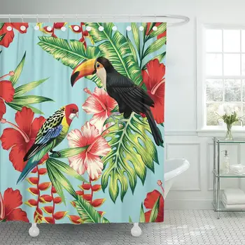 

Tropic Bird Toucan and Multicolor Parrot Exotic Flower Hibiscus Shower Curtain Waterproof Polyester Fabric 60 x 72 Inches Set