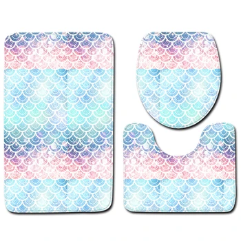 

3 Piece Bath Mat Carpet Set Non-Slip Fish Scale Bath Mat Bathroom Kitchen Carpet Door Mat Decoration Toilet Seat Cover Carpet Ca