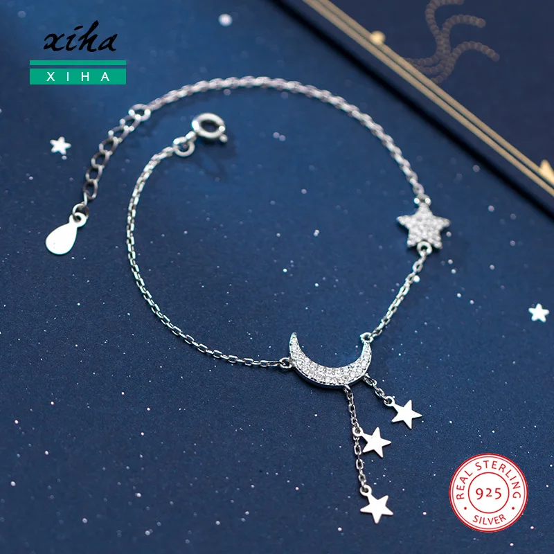 

Cresent Moon and Stars Crystal Bracelets with Charms Cubic Zirconia Adjustable 925 Sterling Silver Bracelet for Women Girls Kids
