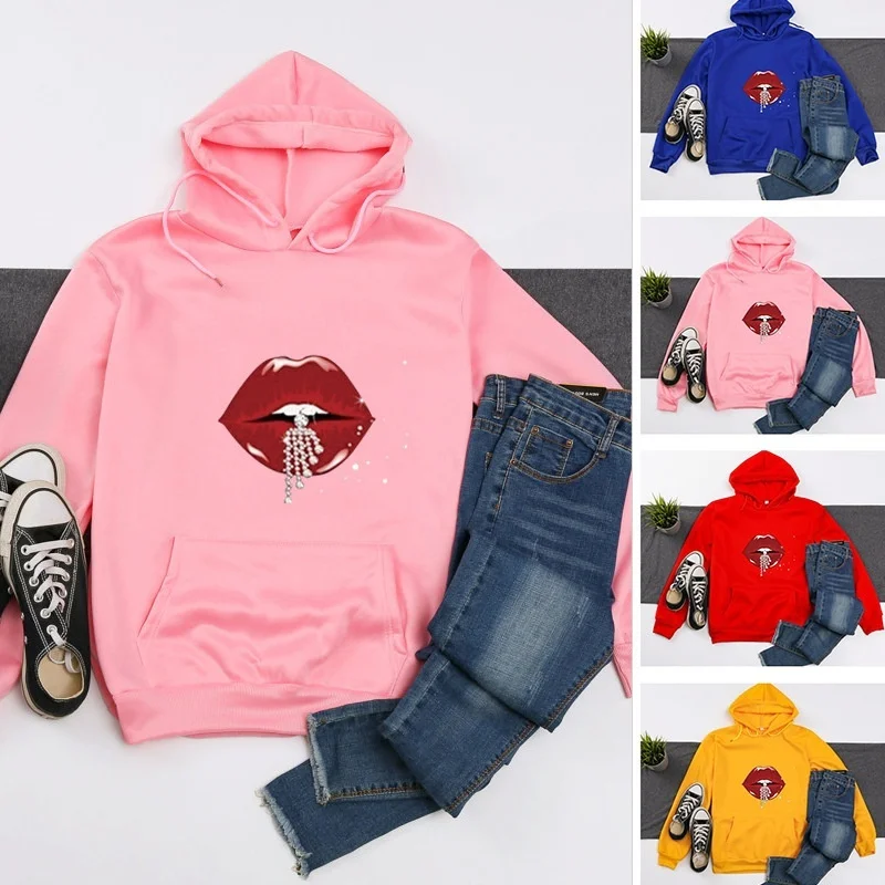 

Dreamlikelin Fashion Oversized Fleece Sweatshirt Lip Diamond Printing Hoodies Ulzzang Autumn Winter Pullovers