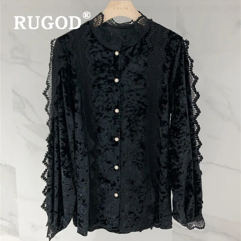 RUGOD кружевная блузка для женщин со стоячим воротником бархатные блузки с длинным рукавом однотонный элегантный топ корейская модная одежда женские рубашки на каждый день