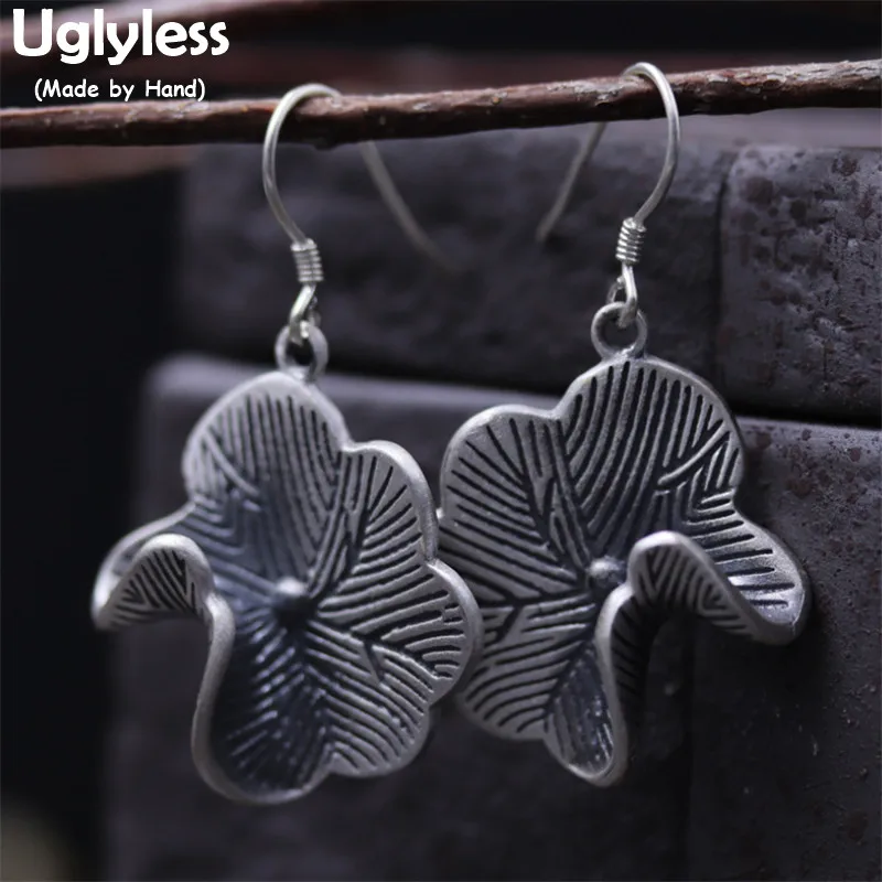 Uglyless Real S 925 Sterling Silver Handmade Curved Flower Dangle Earrings for Women Retro Thai Leaf Fine Bijoux | Украшения и