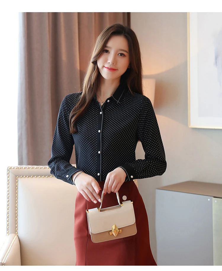 Blusas femininas рубашка женские топы белая шифоновая блузка и черная блузка на пуговицах с длинным рукавом в горошек шифоновая блузка OL Топы 0252