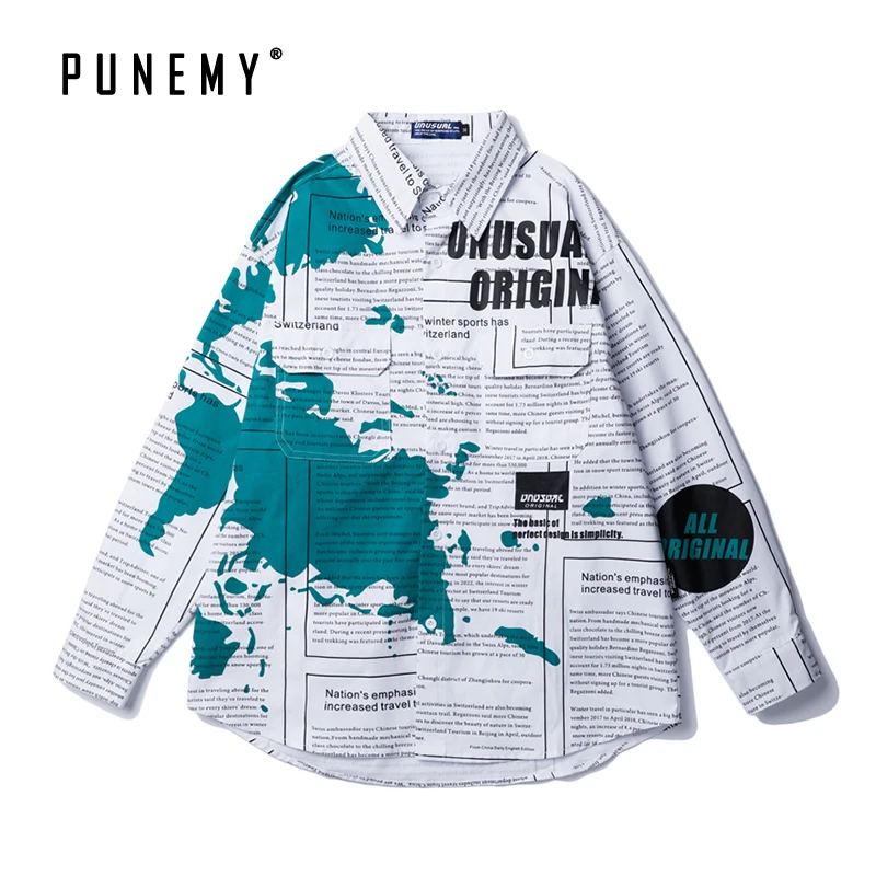 

Vintage Streetwear Men Shirts Hip Hop Harajuku World Maps Pattern Print Hawaiian Shirts Long Sleeve Oversize Cotton Man's Shirts