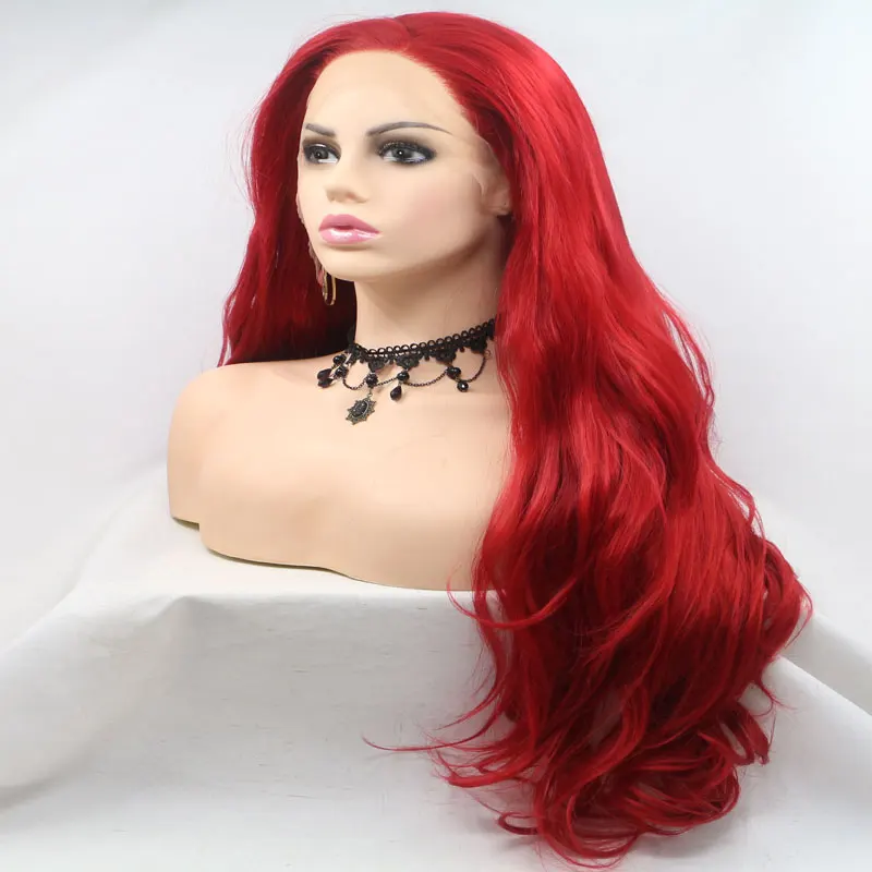 Beautiful Girl Red Natural Wave Synthetic Lace Front Wig Glueless Heat Resistant Fiber Hair Natural Hairline For Black Women Wig