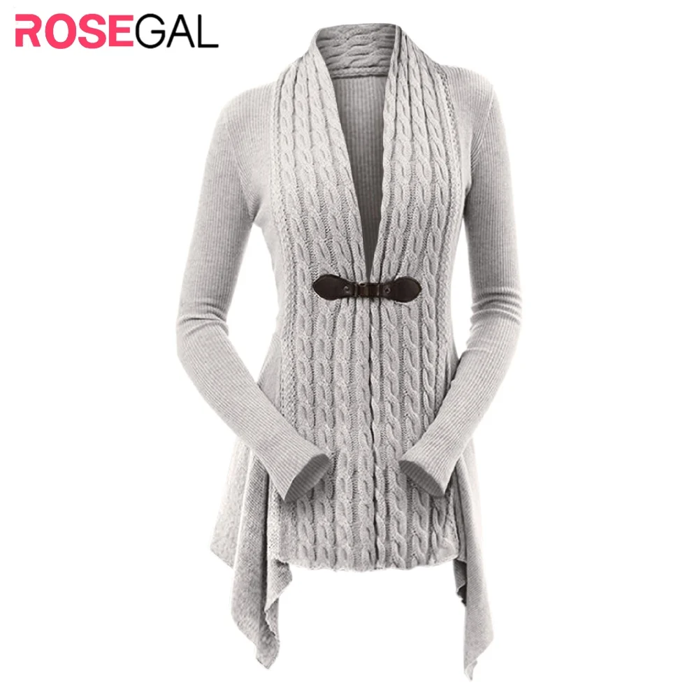 ROSEGAL, женский кардиган, вязаный, с пряжкой, асимметричный, свитер, джемперы, женский, Повседневный, сплошной цвет, v-образный вырез, длинный кардиган, топ, зима
