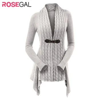 

ROSEGAL Women Cardigan Cable Knit Buckle Asymmetrical Sweater Jumpers Female Casual Solid Color V-Neck Long Cardigan Top Winter