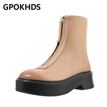 

GPOKHDS 2021 women Ankle boots Cow leather winter short plush Round Toe Zipper High heels female Riding boots size 39