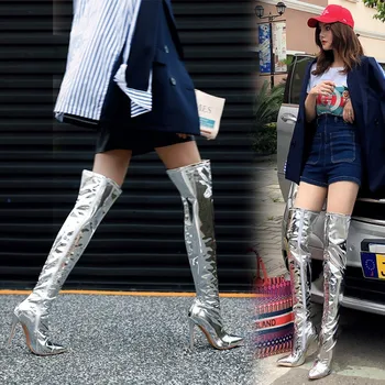 

large size pointed high heel side zipper boots silver women's boots