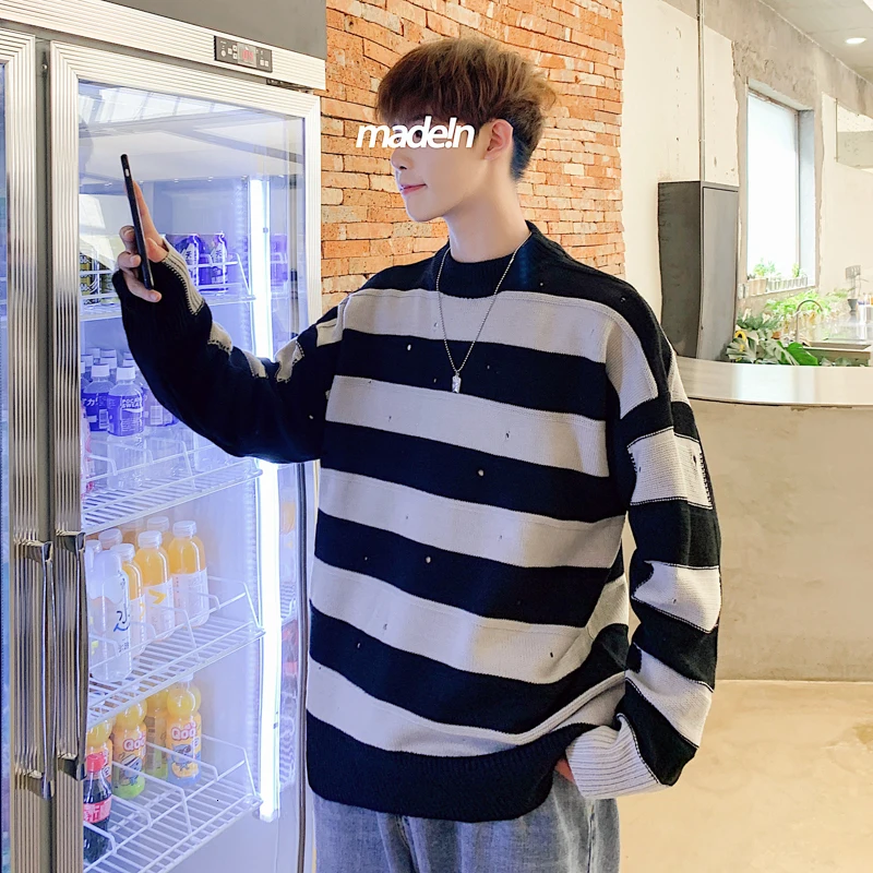 Autumn New Striped Sweater Men Fashion Contrast Color Casual Knit Sweter Man Streetwear Loose Hip Hop Hole Pullover Men Clothes