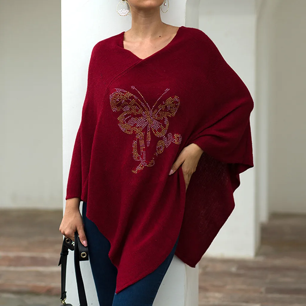 

Woman Shawl Cardigans Winter Knitted Cashmere Poncho Capes Women's Hot stamping butterfly Coats tops Ponchos Damas sweater