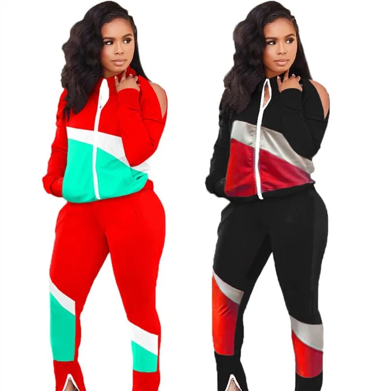 

Winter Clothes two Piece Set Patchwork Zip Sweat Suit Sweatpants Slit Hem Tracksuit Jogger Birthday Outfit Wholesale Dropshpping