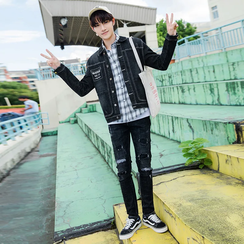 

Men Denim Suit Spring And Autumn New Style Korean-style Slim Fit Denim Jacket Youth Black And White with Pattern Elasticity Coat