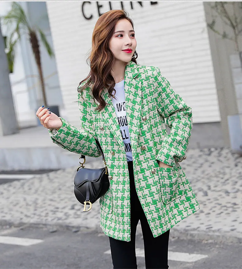New Women Autumn Coats Korean Medium Long Loose Avocado Green Overcoat Houndstooth Winter Hairy Female Elegant Jacket SS676