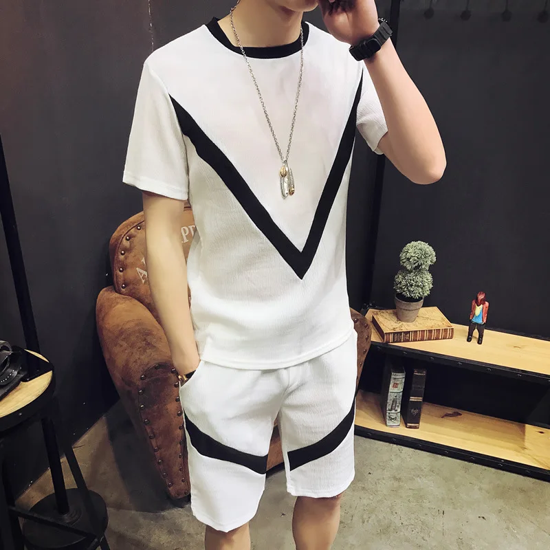 

2018 Summer New Style Men's Mixed Colors Short Sleeve Shorts Slim Fit Crew Neck Sports MEN'S T-shirts Set
