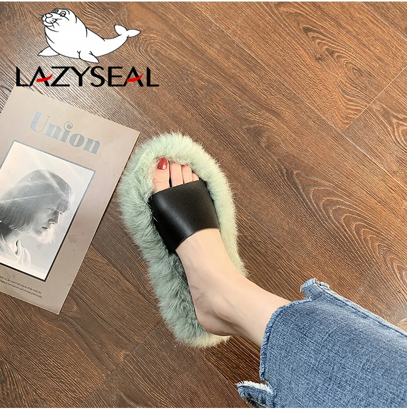 LazySeal/натуральные тапочки их меха под кролика; женская обувь; Домашние пушистые тапочки; теплые домашние шлепанцы; женские Вьетнамки; обувь из плюша на плоской подошве