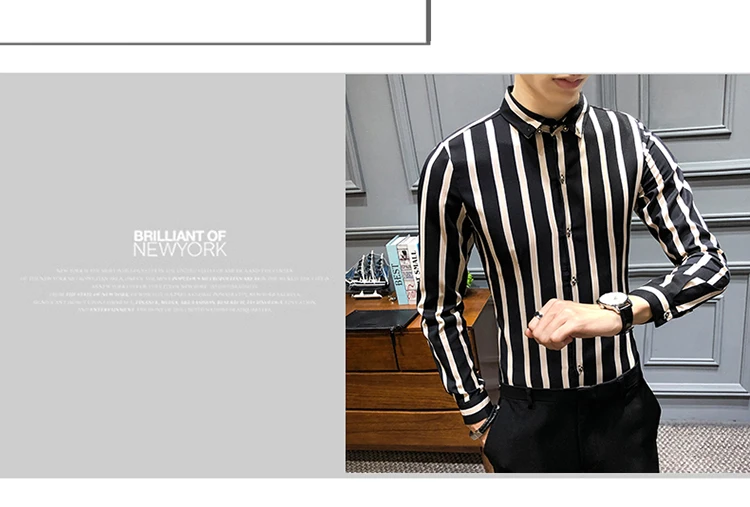 Korean Streetwear Fashion Men's Casual Shirt Slim Fit Men's Casual Striped Shirt Long Sleeve Party Social Shirts Men Male Camisa