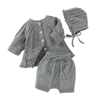 

3Pcs Toddler Baby Girl Outfits Winter Solid Color Button Cardigan Sweater Short Pants Hat Set Baby Girls Clothing Set Costume