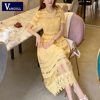 

Vangull Women Elegant Yellow Lace Dress Summer Style Short Sleeve Hollow Out Sexy Women Clothes Casual Female Party Midi Dress