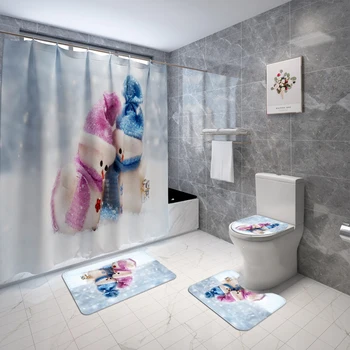 

Christmas Snowman Print Bathroom Combination Sets Shower Curtain + Bath Mat + Lid Toilet Cover + Toilet Pedestal Rug 4pcs