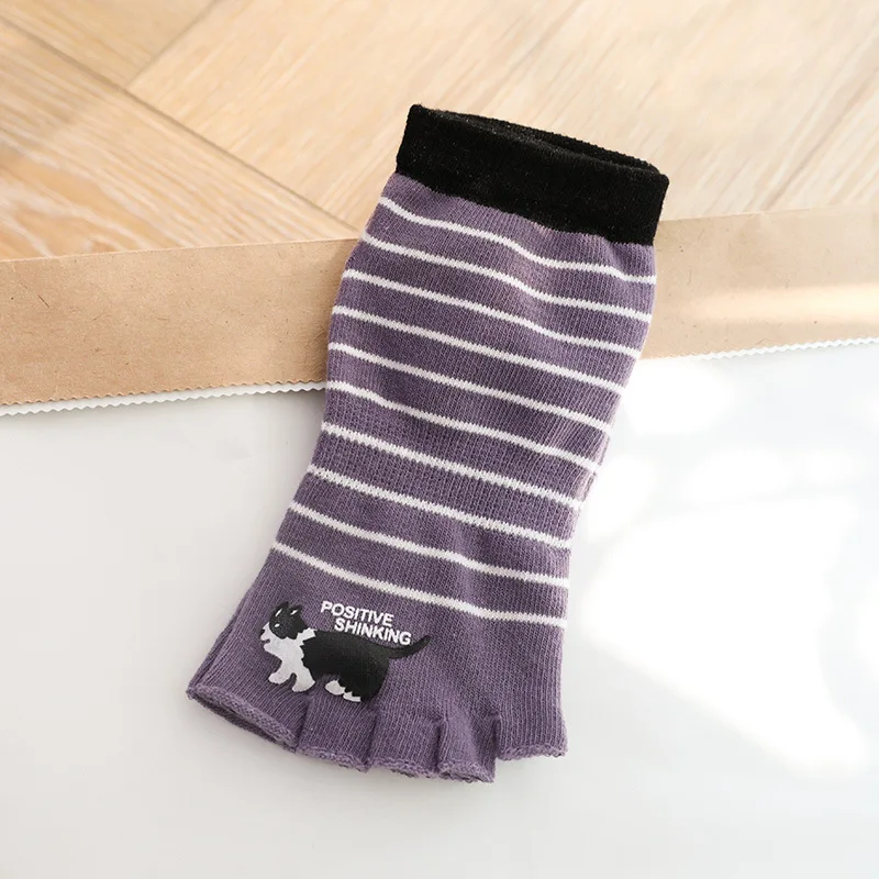 Spring Autumn Five Finger Socks Women Girl Cute Cat Printing Open Toes Striped Weave Boneless Ankle No Show Socks EU 35-39 ankle socks women Women's Socks