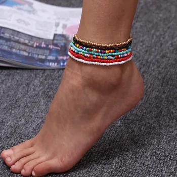 ZOSHI 7pcs/Set New Handmade Beaded Anklet Bracelets Rainbow Color Elastic Ankle Bracelet On The Leg Foot Beach Jewelry