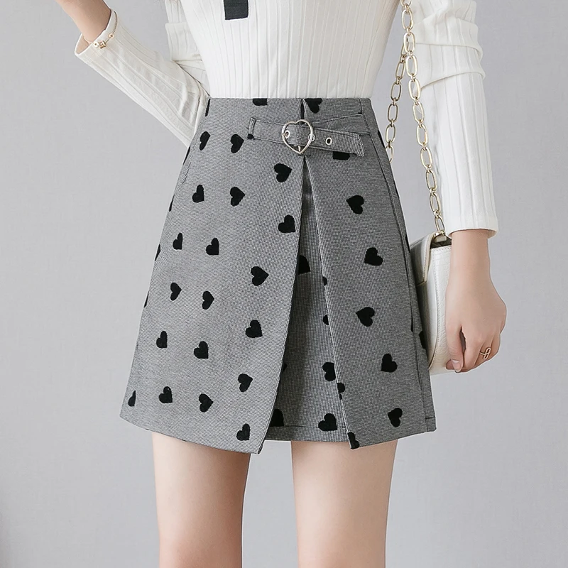 

Korean fashion front slits mini women skirts 2019 autumn high waist streetwear heart print cute skirts A-Line vintage faldas